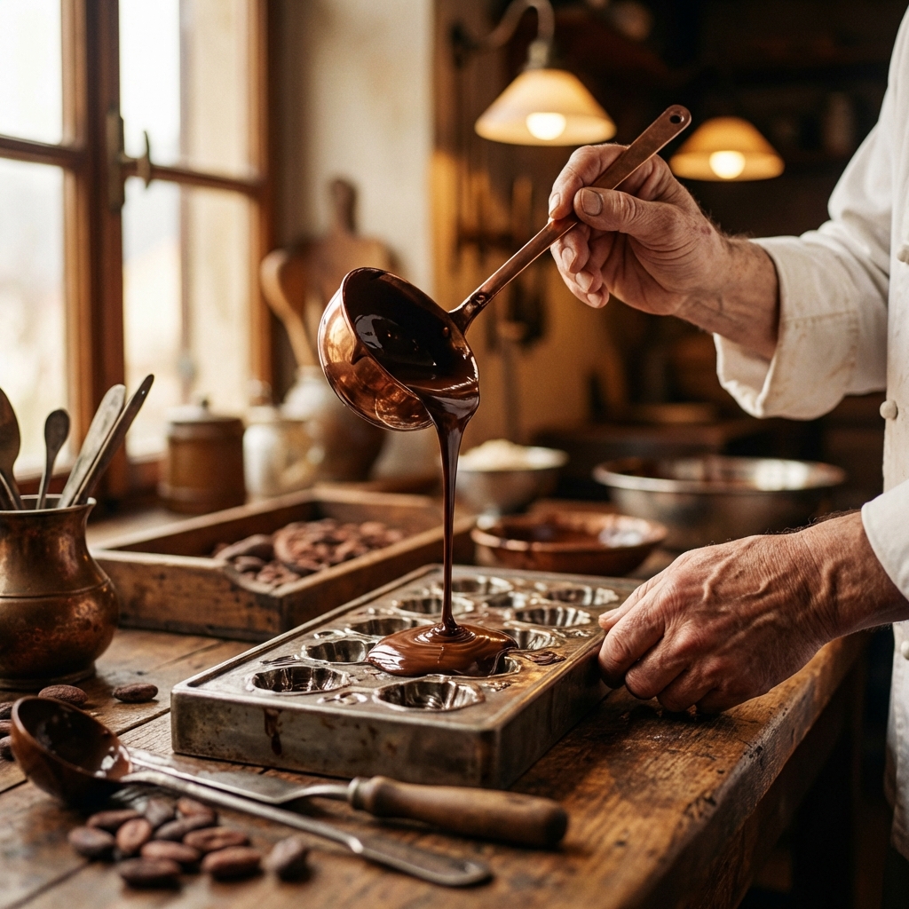 Artisan pouring chocolate into molds